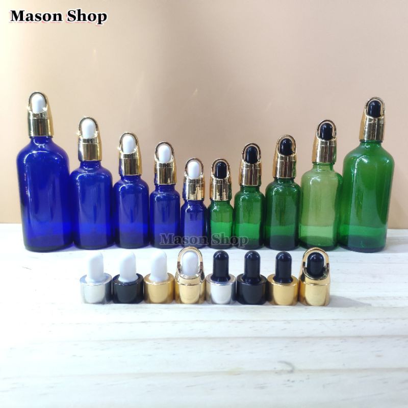 LỌ ĐỰNG TINH DẦU thủy tinh bóp giọt quai 10ml 20ml 30ml 50ml 100ml VỎ CHAI CHIẾT SERUM MỸ MĨ PHẨM Xanh dương/xanh lá