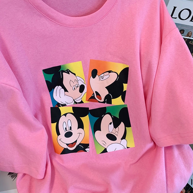 Áo Thun Lưới Tay Ngắn Phối Nơ In Họa Tiết Chuột Mickey Hoạt Hình Dành Cho Nữ
