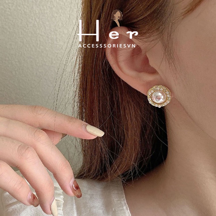 Khuyên Tai Nữ Đá nhân tạo hình tròn phong cách cổ điển, Vintage Her Accessories | H101
