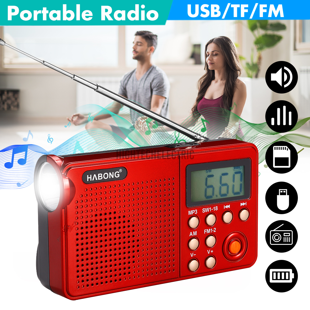 Portable USB Charging Portable LCD Digital Mini FM Radio Speaker TF MP3 Player Wireless FM with Flashlight function Indoor Outdoor