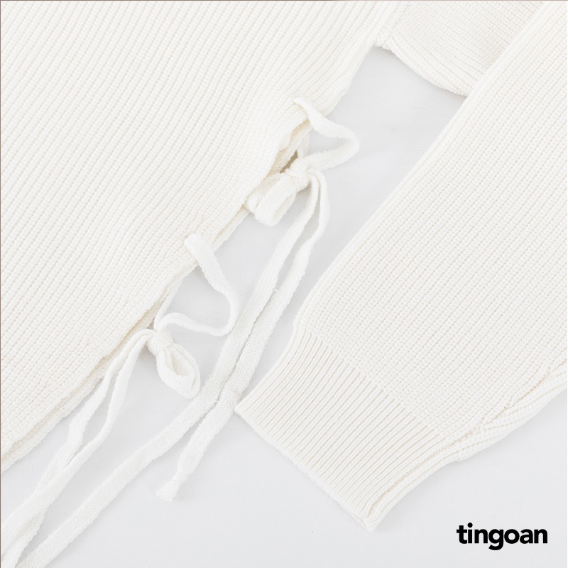 TINGOAN® - Áo len xù trễ vai một bên sẻ vạt buộc dây trắng AFTER YOU SWEATER/WH