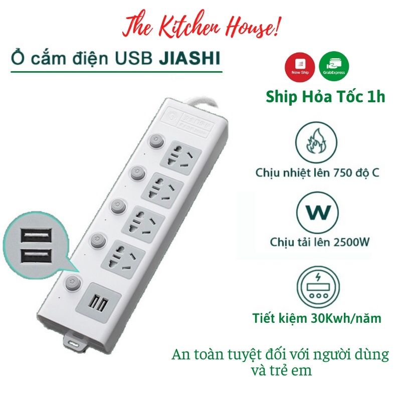 Ổ cắm điện đa năng thông minh 2 cổng USB 5v sạc nhanh, chịu tải 2500w an toàn cao dây dài 2,5m The Kitchen House