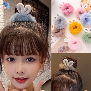 Dây buộc tóc co giãn bằng vải lông hình tai thỏ mềm mại giữ ấm thời trang Thu Đông cho nữ