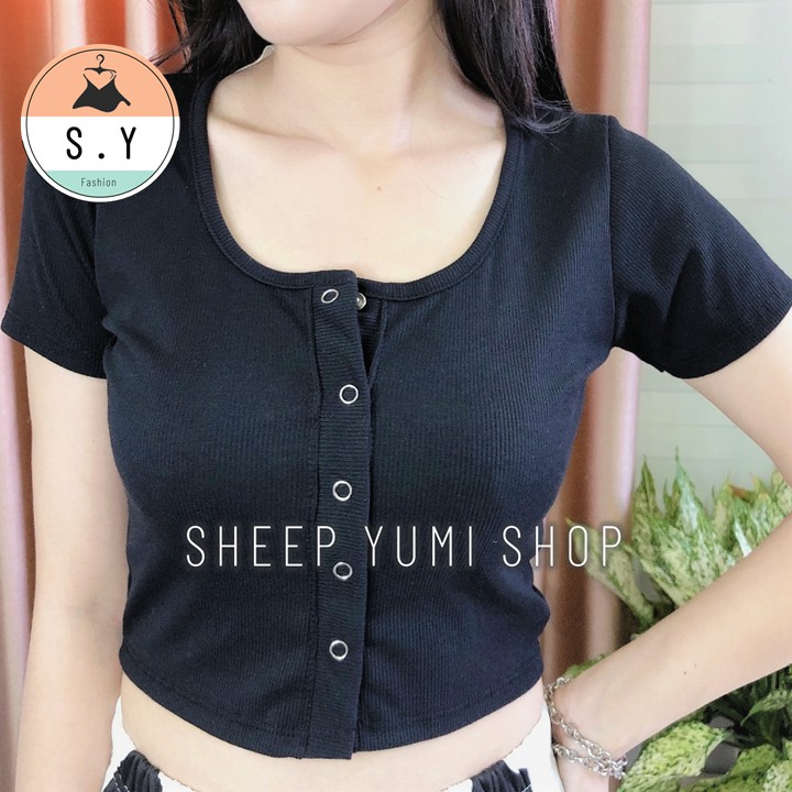 ÁO CROPTOP THUN TĂM NÚT BẤM INOX TAY NGẮN SHEEP YUMI SHOP AC04