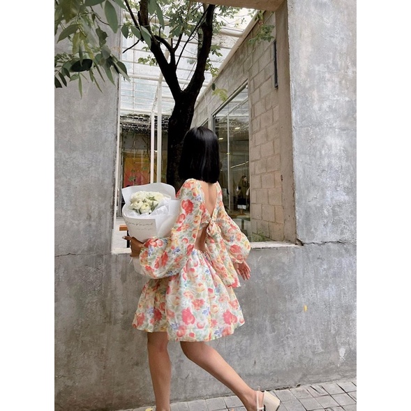 ĐẦM HOA CAM CUT OUT 2 BÊN NƠ LƯNG SAU