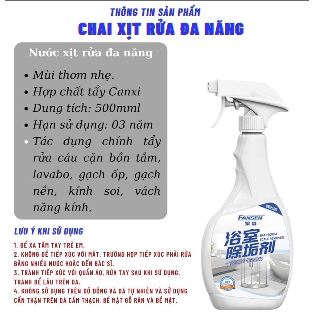 Tẩy cặn canxi inox chai xịt tẩy cặn bẩn bồn sứ nhà tắm tẩy vách kính vòi inox dạng nước xịt 500ml chính hãng SMARTHOMESS