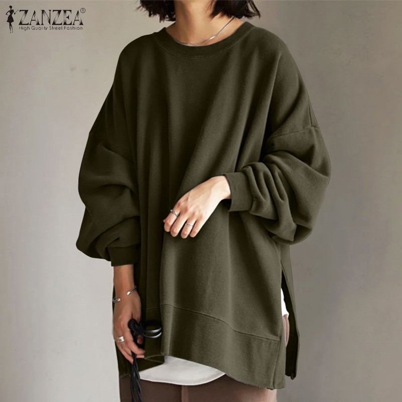 ZANZEA Áo sweatshirt cổ tròn tay dài và phồng xẻ tà thời trang cho nữ