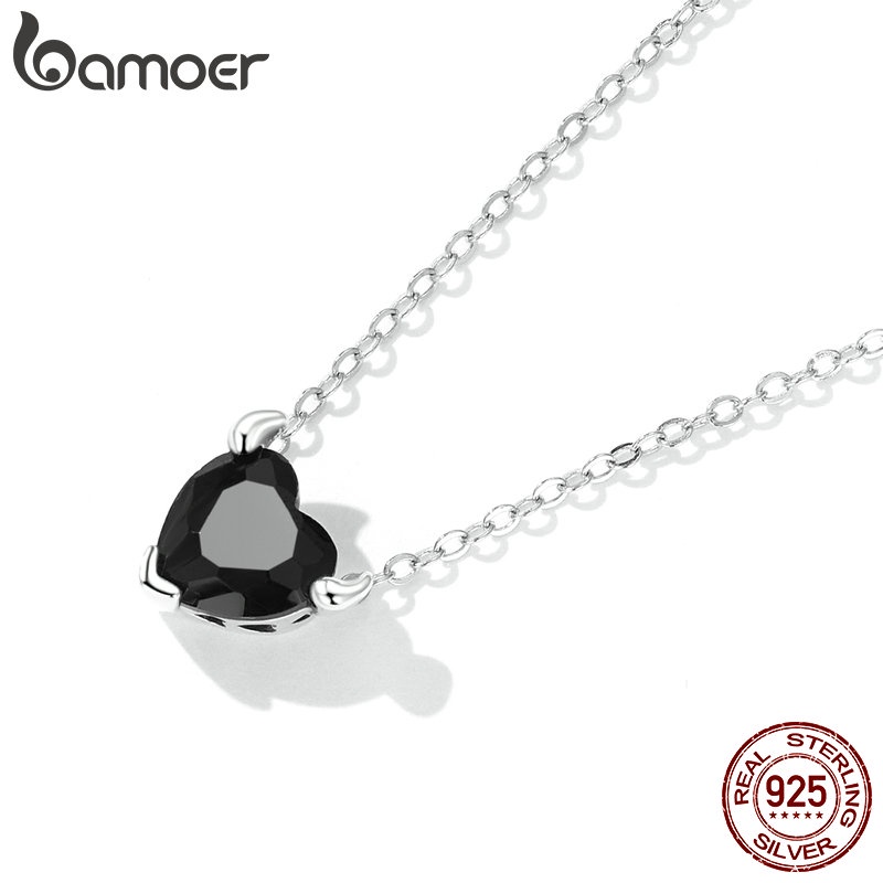 Vòng cổ/ Nhẫn/ Bông tai BAMOER bạc 925 thiết kế hình trái tim đen thời trang