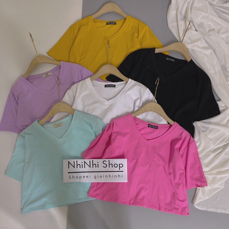 Áo thun dáng croptop cổ tim, Áo phông dáng ngắn form rộng vải cotton trơn co giãn AS0801 - NhiNhiShop