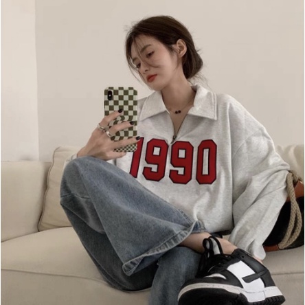 Áo sweater form rộng thun trơn dài tay unisex - Áo polo dài tay 1990 phối khóa cổ AT11