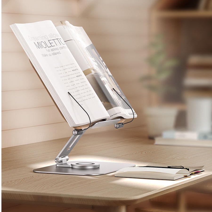 Giá đỡ điện thoại và máy tính bảng, giá kẹp sách xoay 360 độ chịu lực cực tốt, Kẹp điện thoại chất liệu hợp kim nhôm gỗ