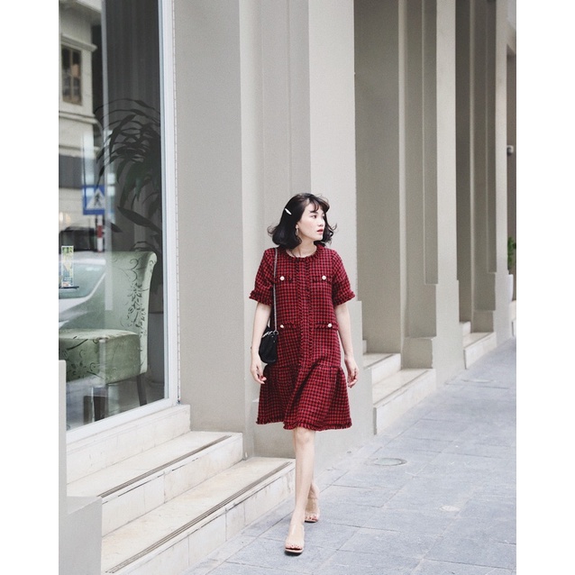 Đầm Dạ Tweed Đuôi Cá, Váy Dạ Tweed Hoạ Tiết Ziczac Vải Dạ Cao Cấp Có Ánh Nhũ Sang Trọng, Màu Đỏ Siêu Tôn Da