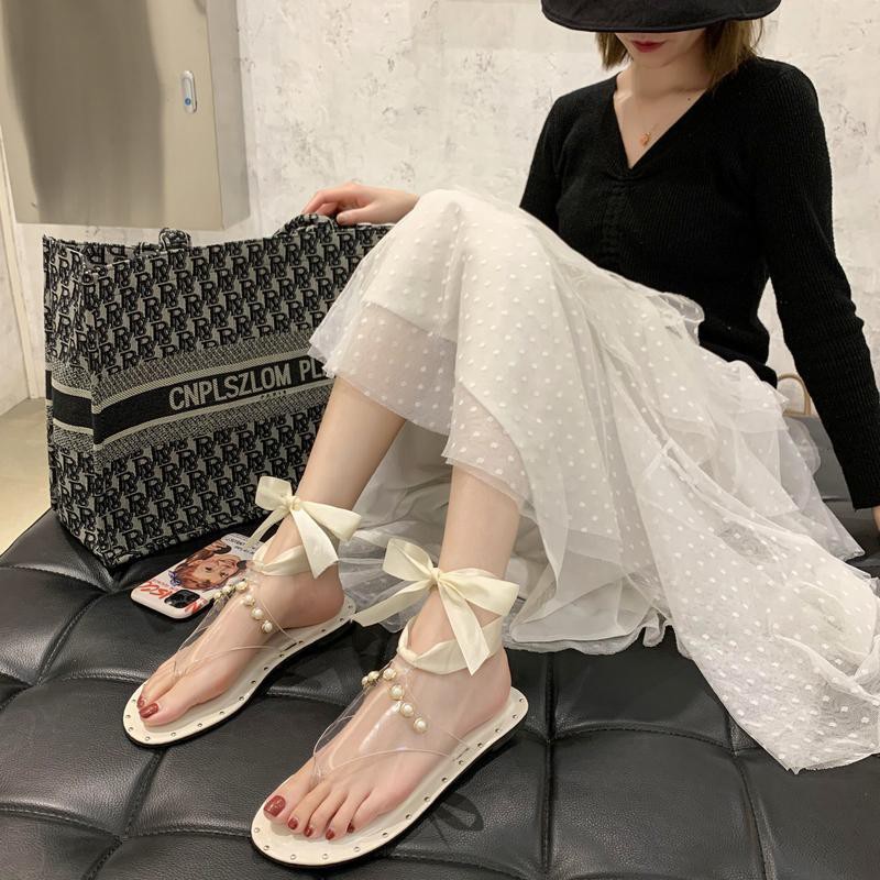 ☆ ☆ Giày Sandal Đế Bệt Đính Ngọc Trai Thời Trang Mùa Hè Dành Cho Nữ