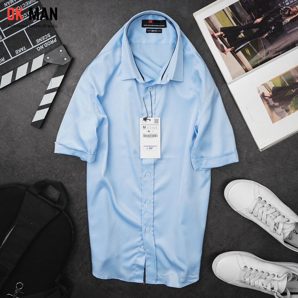 Áo sơ mi nam ngắn tay, form slimfit, 5 màu, chất liệu cotton, OkMan - SMNT