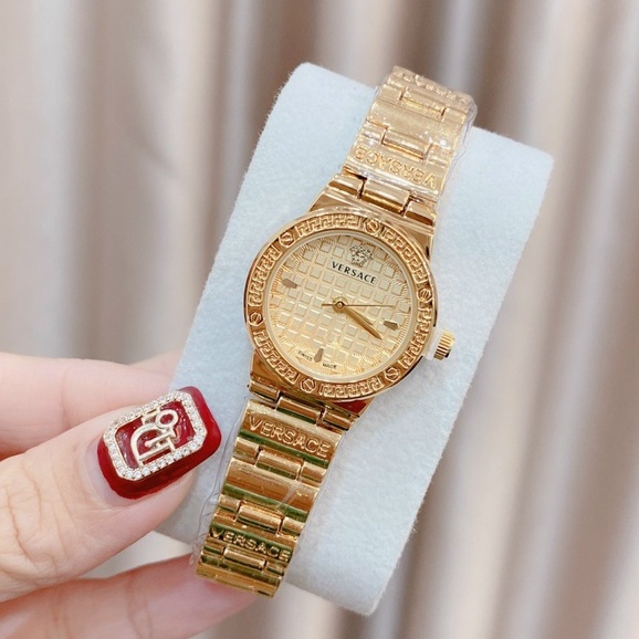 đồng hồ nữ đeo tay VERSACE dây kim loại mạ vàng mặt tròn đính đá thời trang cao cấp chống nước chống xước | BigBuy360 - bigbuy360.vn