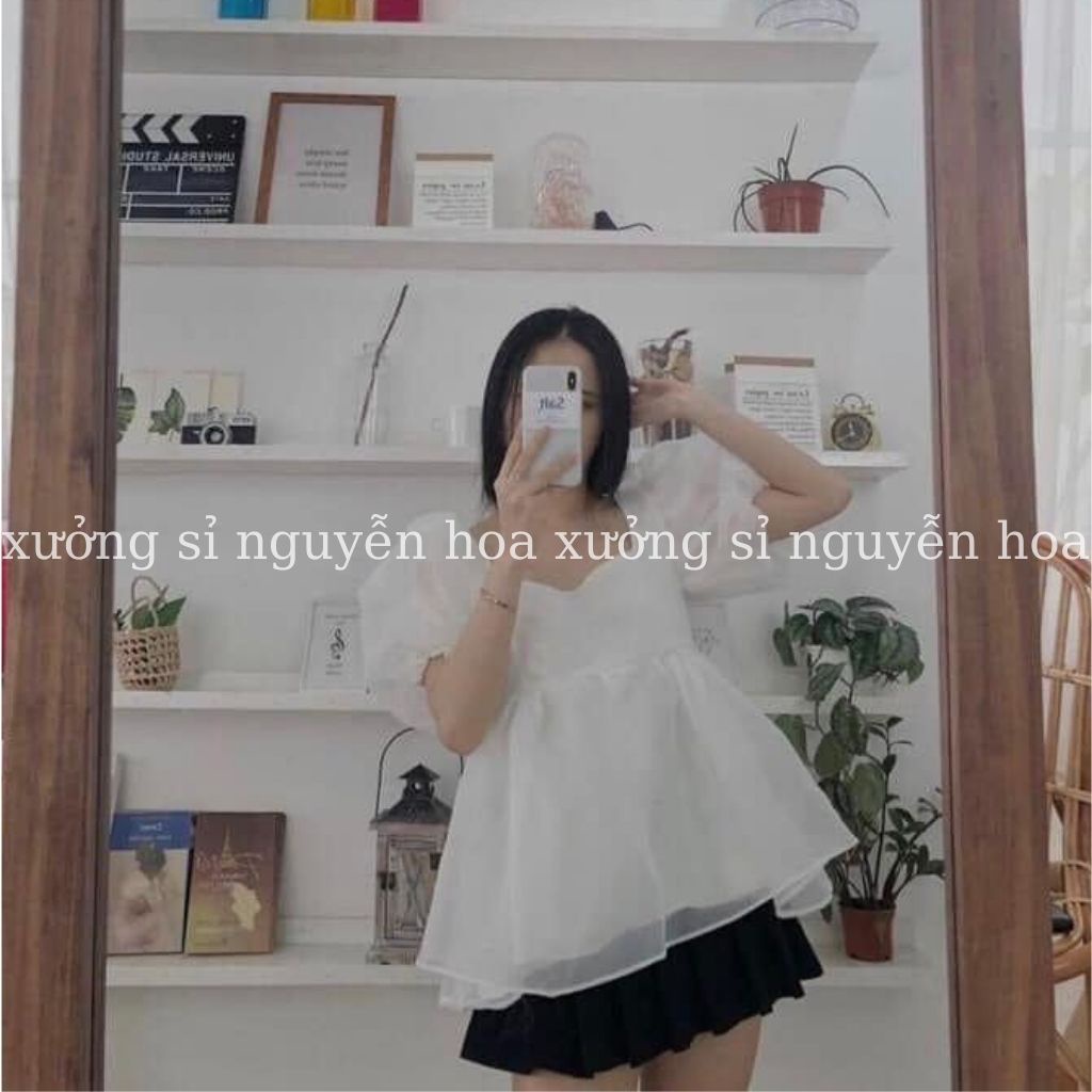 Áo babydoll voan nữ ngắn tay bồng cổ vuông, voan lụa trơn 2 lớp phong cách tiểu thư dễ thương Xưởng Sỉ Nguyễn Hoa