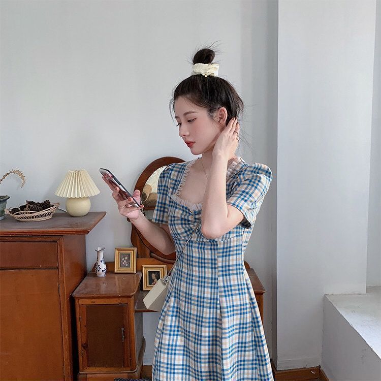 New Snapping up&Sweet French Retro Waist Slimming Puff Sleeve Plaid Dress Female Summer New Square CollaraWord Skirt | BigBuy360 - bigbuy360.vn