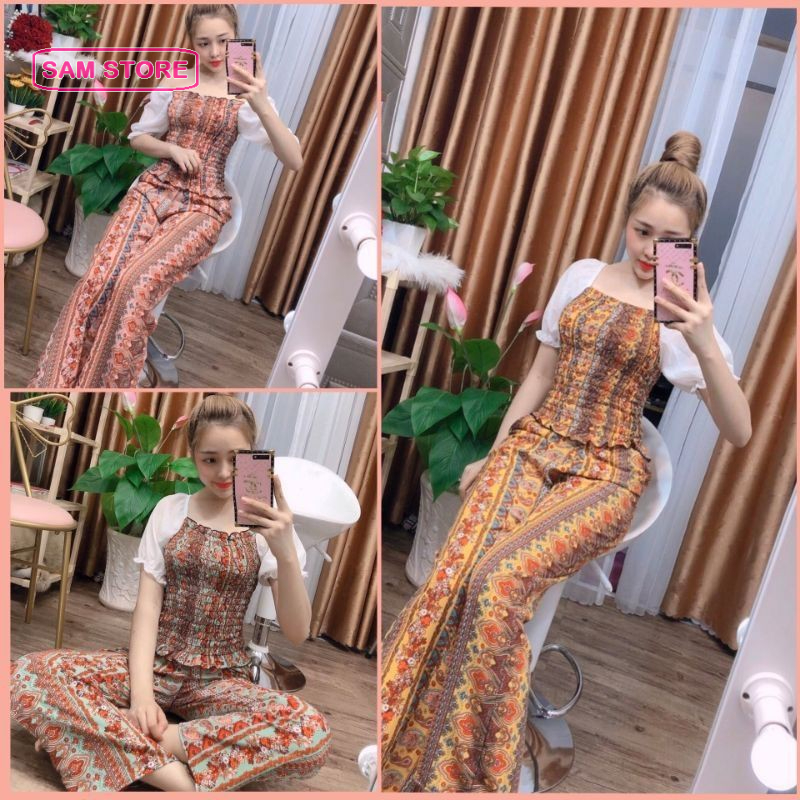 Bộ Thổ Cẩm Tay Ngắn Phối Lụa Trắng Quần Có Túi