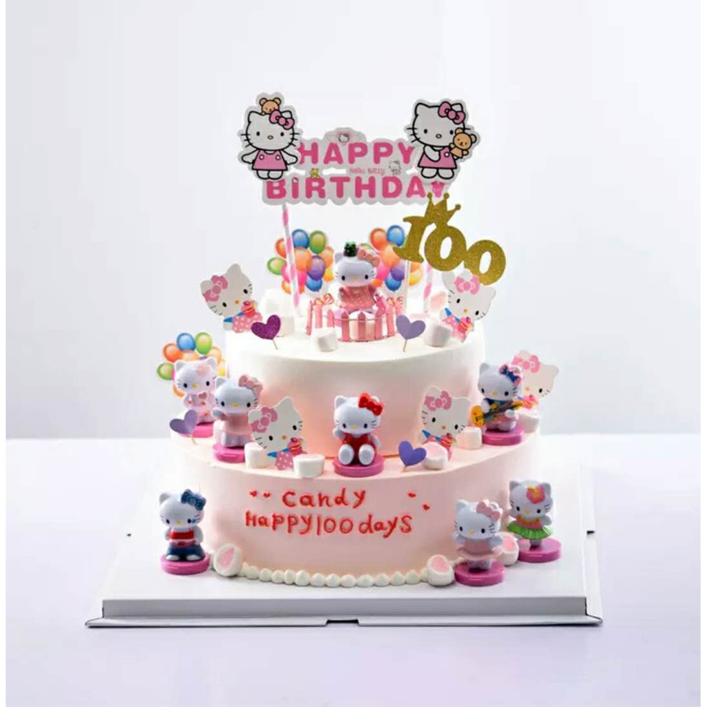 Set 8 món đồ trang trí bánh kem hình mèo Hello Kitty