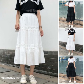 Chân váy dài midi Boho Vintage dáng xòe A phối ren Quảng Châu - Trumomy Women’s Skirts