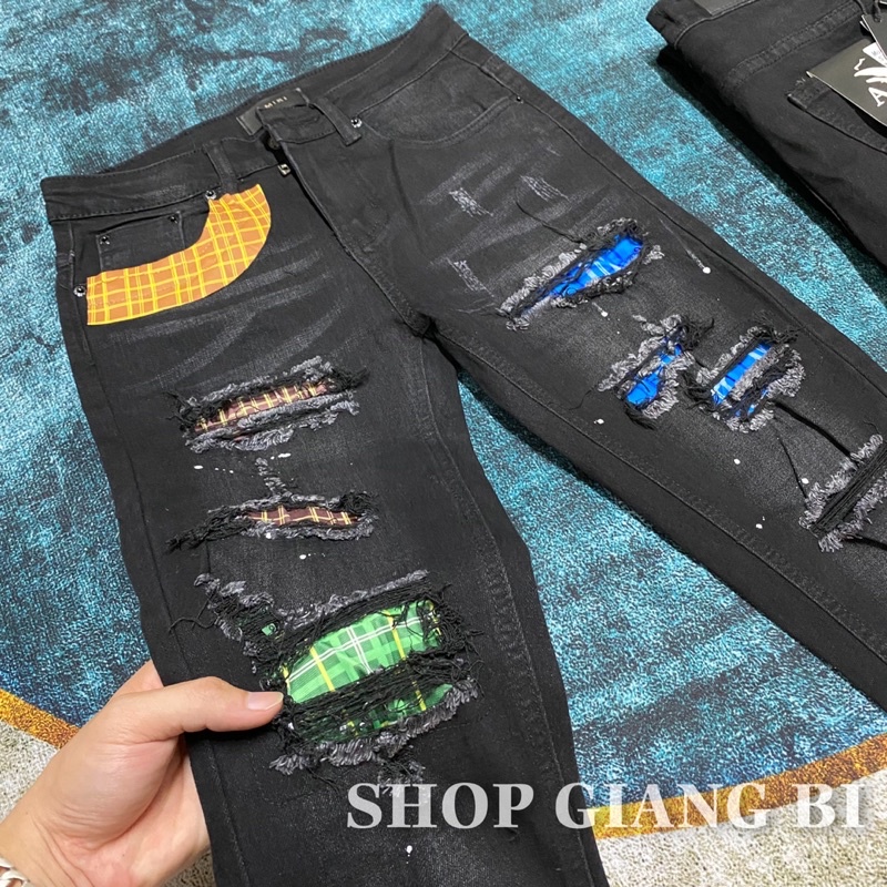 Quần jean vá gối xanh đỏ,quần bò nam rách vá xanh đỏ