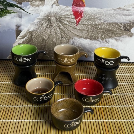 Bộ tách coffee thấp 100ml có bếp đun cồn nến, men hỏa biến - Gốm Bát Tràng