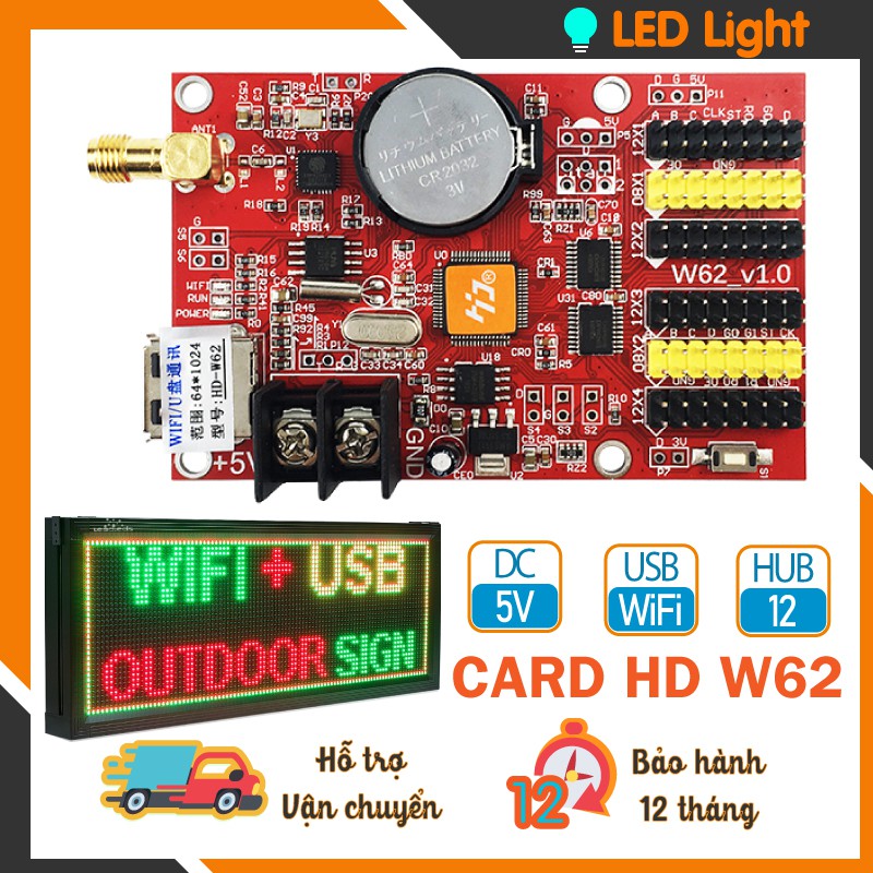 CARD HD W62 - Mạch điều khiển led ma trận kết nối USB, Wifi 1 Màu, 3 Màu