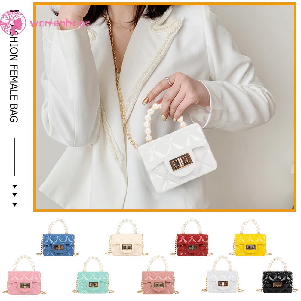 Túi ví messenger nhỏ mặt phẳng gắn ngọc trai đơn sắc thời trang cho nữ