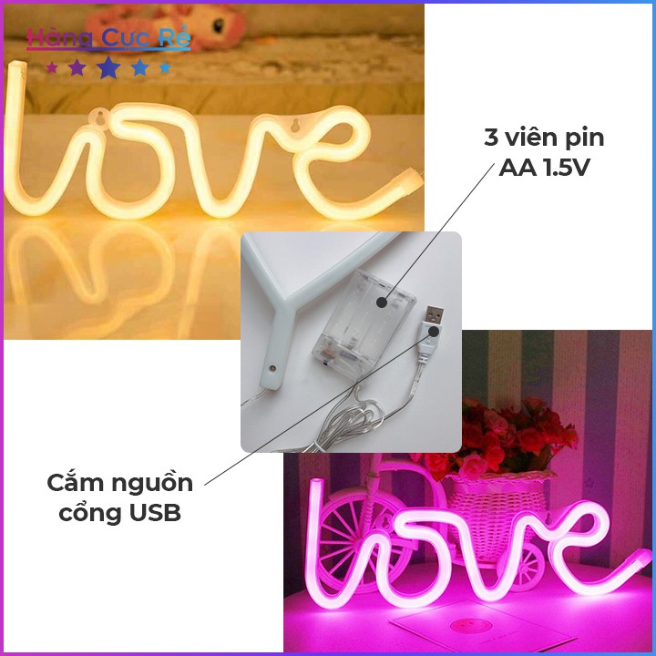 Đèn trang trí chữ LOVE màu Led Neon vàng hồng tặng kèm 3 pin AA 1.5V ❤️Freeship❤️ Shop Hàng Cực Rẻ