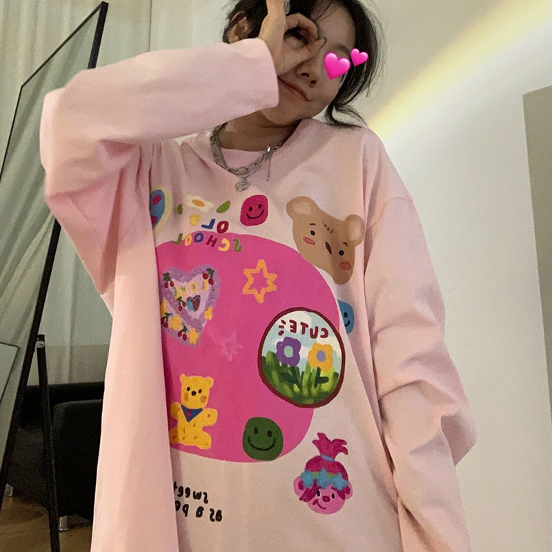 Áo thun tay dài dáng rộng thiết kế thời trang mùa thu theo phong cách Hàn Quốc cho nữ