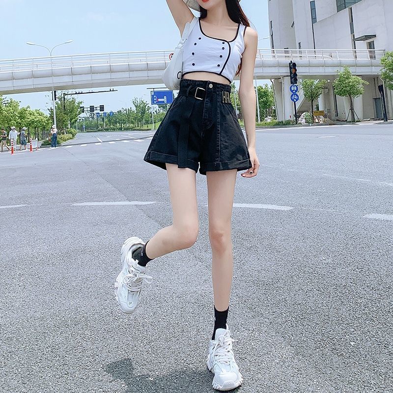 Quần Short Denim Đen Lưng Cao Ống Rộng Thời Trang Mùa Hè 2022 Cho Nữ