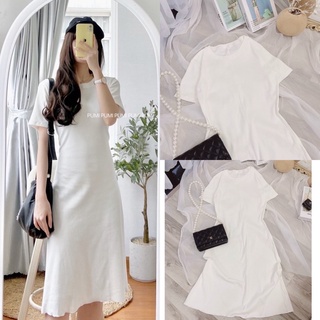 Đầm trắng thun gân cổ tròn Pumi