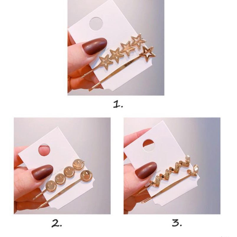 Set 2 kẹp tóc kim loại hình ngôi sao / trái tim / mặt cười