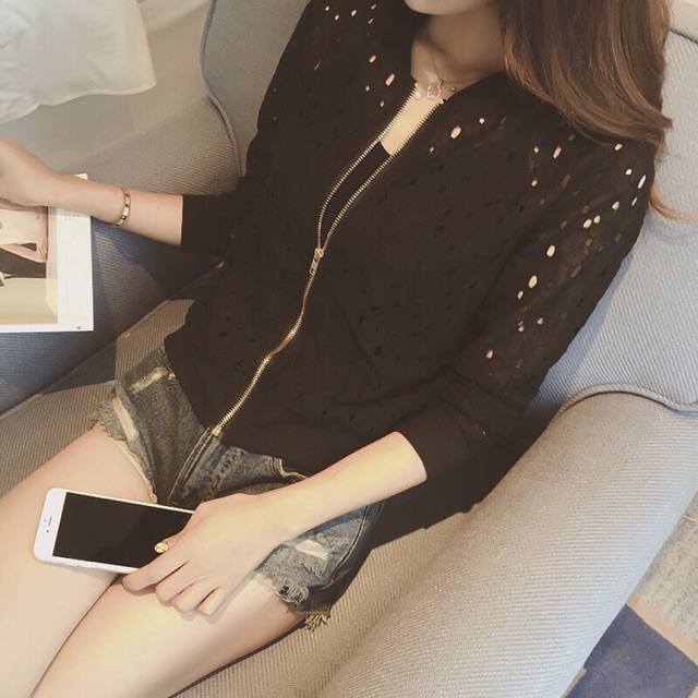 Áo khoác bomber nữ phối ren thời trang