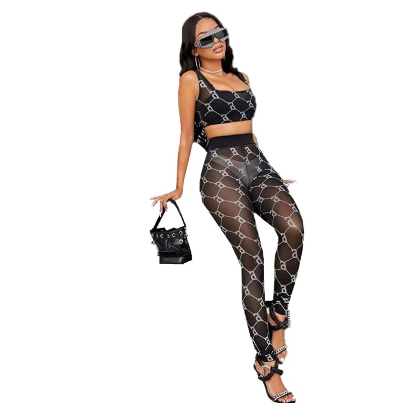 Set Đồ 2 Mảnh Áo Croptop Lưới Xuyên Thấu Không Tay Phối Quần Legging Lưng Cao Thời Trang Quyến Rũ Cho Nữ