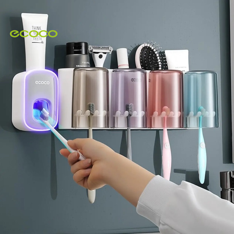 Bộ 5 chi tiết Ecoco | Kệ để đồ, bộ cài bàn chải, hộp giấy vệ sinh 2in1, nhả kem, kệ treo dép không khoan tường mẫu mới
