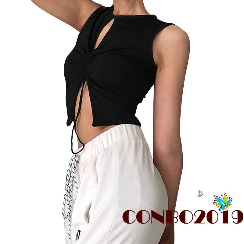Áo croptop không tay màu trơn phối dây rút thời trang mùa hè cho nữ màu đen