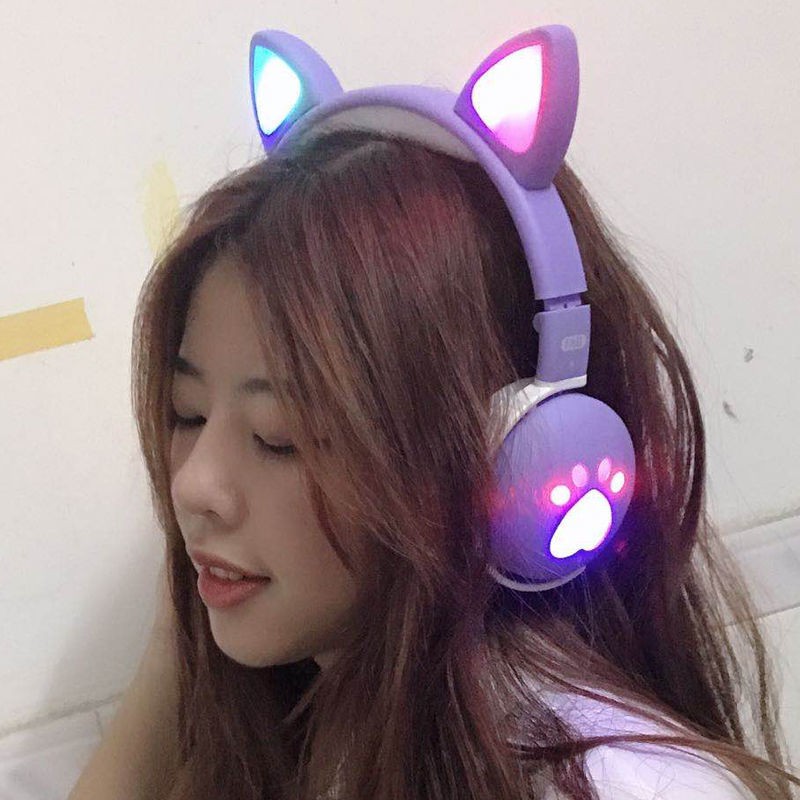 Tai Nghe Bluetooth Tai Mèo Có Mic, Tai Nghe Mèo Model BK1 Thiết Kế  Đèn Led RGB Phát Sáng Âm Bass Siêu Hay Chống Ồn