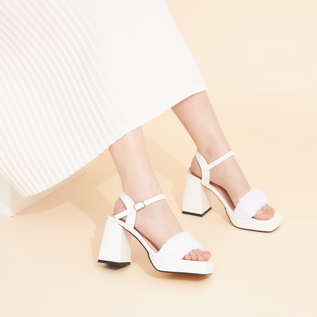 Giày Cao Gót MWC - 4364 Giày Sandal Đế Đúp Quai Ngang Nhún Bèo Cách Điệu Phối Quai Hậu Thời Trang