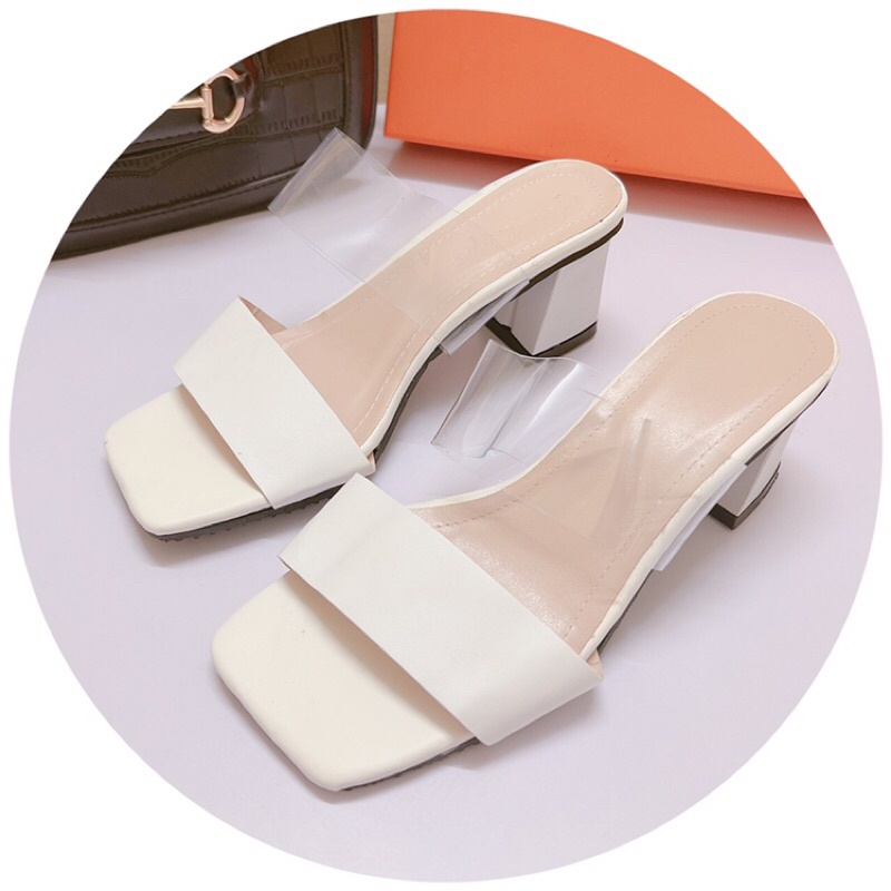 Dép cao gót 2 quai da lì phối trong mẫu mới gót vuông 6-7p