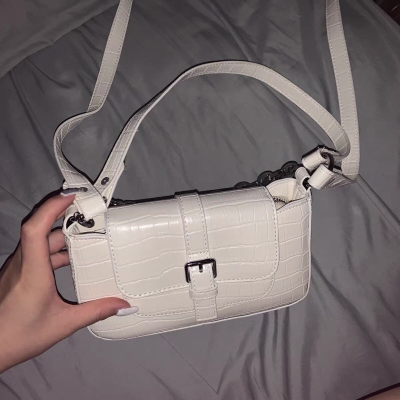 Túi xách kẹp nách phối xích form chất đẹp vân sần cá tính màu xanh dương, trắng, đen, nâu