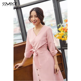 Đầm xòe nữ tay lỡ vạt chồng có dây buộc 92WEAR DEW0592