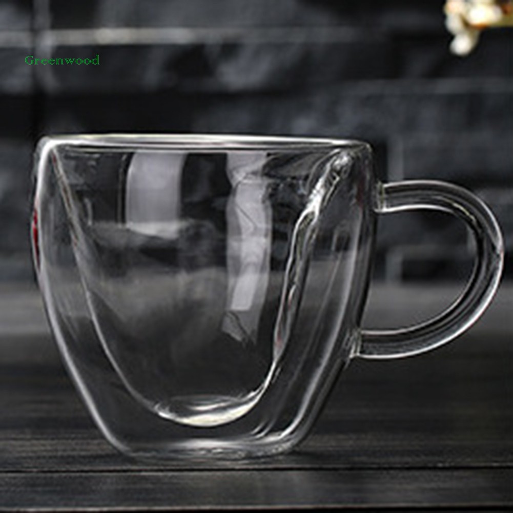 Green 180/240ml Double Wall Love Heart Handle Coffee Tea Heat Cold Resistant Glass Cup