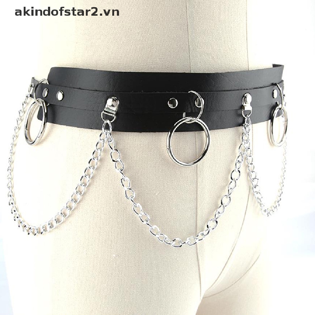 Thắt lưng da giả tua rua dây xích khoen tròn kim loại Punk Gothic