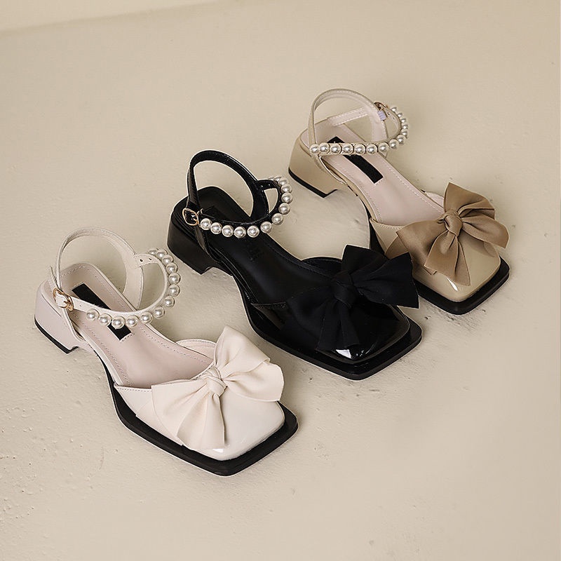 Giày Sandal Mũi Vuông Đính Nơ Phong Cách Mới Mùa Hè Cho Nữ