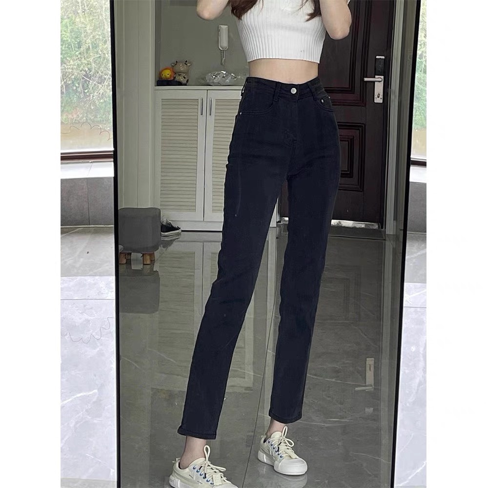 Quần bò nữ đen trơn ống nhỏ -  Quần slim baggy jean ống suông lưng cao quảng châu hàng sẵn