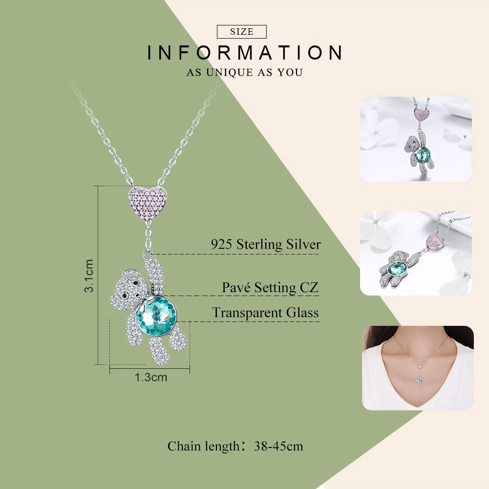 Vòng cổ bạc 925 BAMOER mặt hình gấu hồng dễ thương dành cho nữ