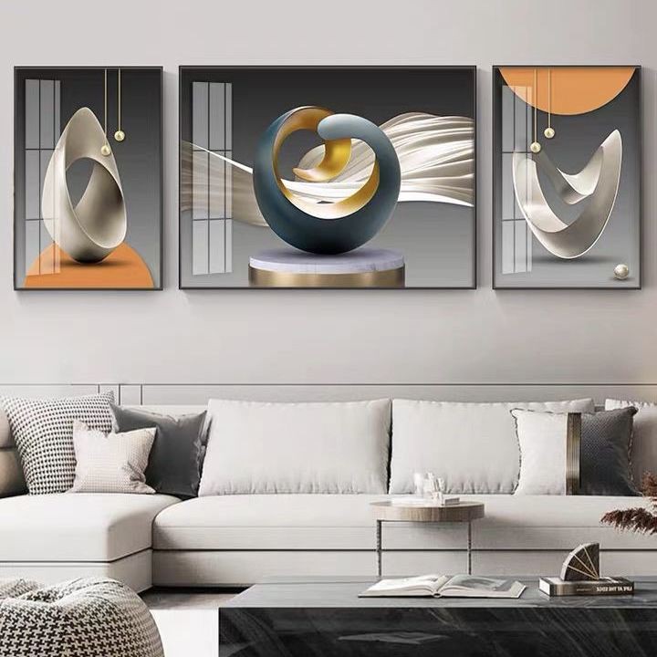 Ánh sáng trang trí phòng khách sang trọng bức tranh bộ ba ghế sofa nền tường Bắc Âu hiện đại tối giản pha lê sứ