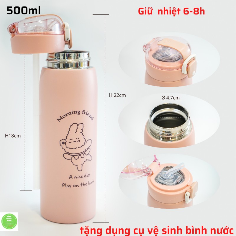 Bình giữ nhiệt INOX 304 dung tích 500ml bình nước giữ nhiệt họa tiết dễ thương có ống hút