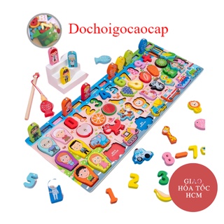 Đồ chơi gỗ thông minh 5in1-Câu cá ghép số gia đình nghề nghiệp củ quả giao thông đa năng 63 chi tiết